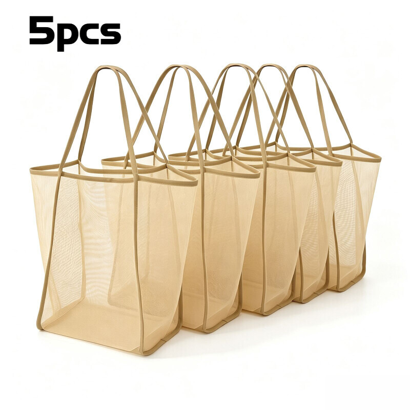 TEMU 5pcs Large Mesh Beach Tote Bags Durable Nylon Solid Color With Reinforced Sturdy Handles Multipurpose Storage Bag For Travel Beach Vacation