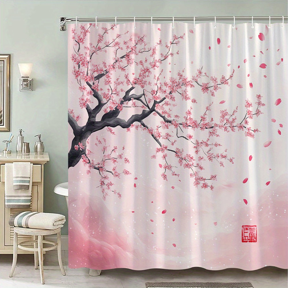 

1pc Pink Japanese Cherry Blossom Shower Curtain, Watercolor Art Creative Home Hanging Curtain With 12 Hooks, Bathroom Decoration, Bathroom Accessories, 70.8x70.8in