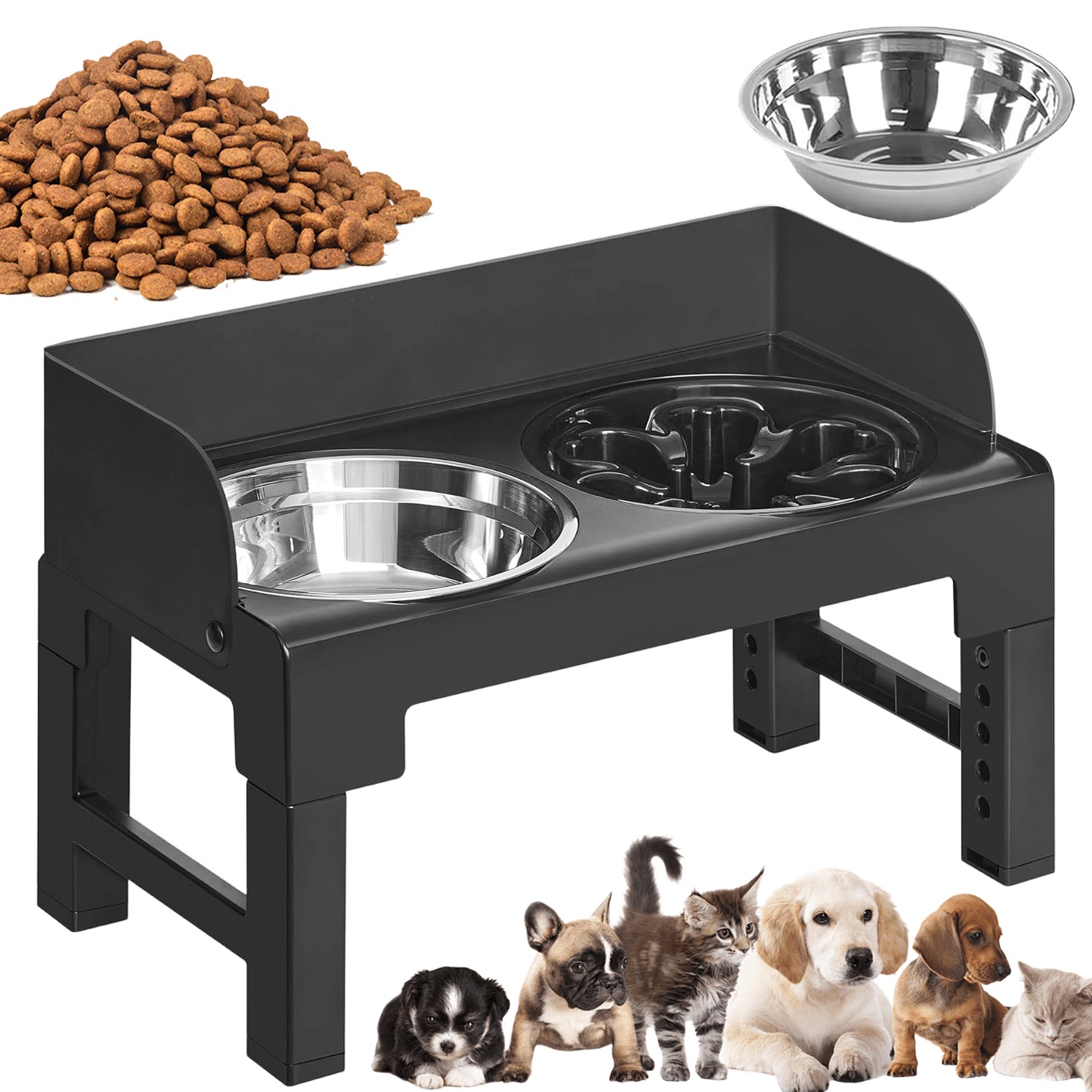 Adjustable Pet Food Bowl Stand With Height And Tilt Features, Includes 3 Bowls Made Of Stainless Steel And Slow Feeder Options, And Cats To Enhance And A Tidy Eating Space