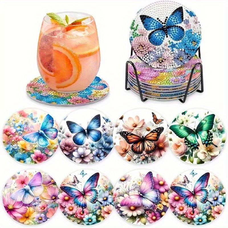 Image of A Set Of 8 Pattern Diamond Painting Coasters That Sparkle With Rhinestones, Heat-resistant Drink Mats With A Stand, Suitable For Beginners And Adults, Perfect As Gifts For Art Crafts