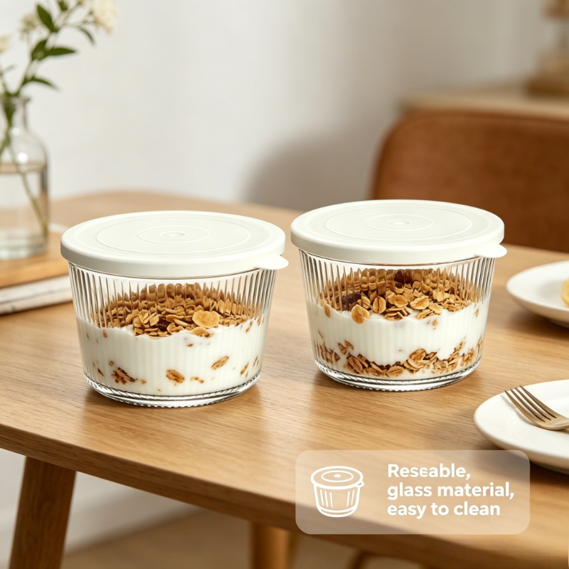 TEMU Small Glass Bowl With Lid, 6.8 Oz. Clear Ribbed Glass Container, Stackable, Suitable For Desserts, Puddings, Sauces, Dips, Nuts, Oats, Candy,