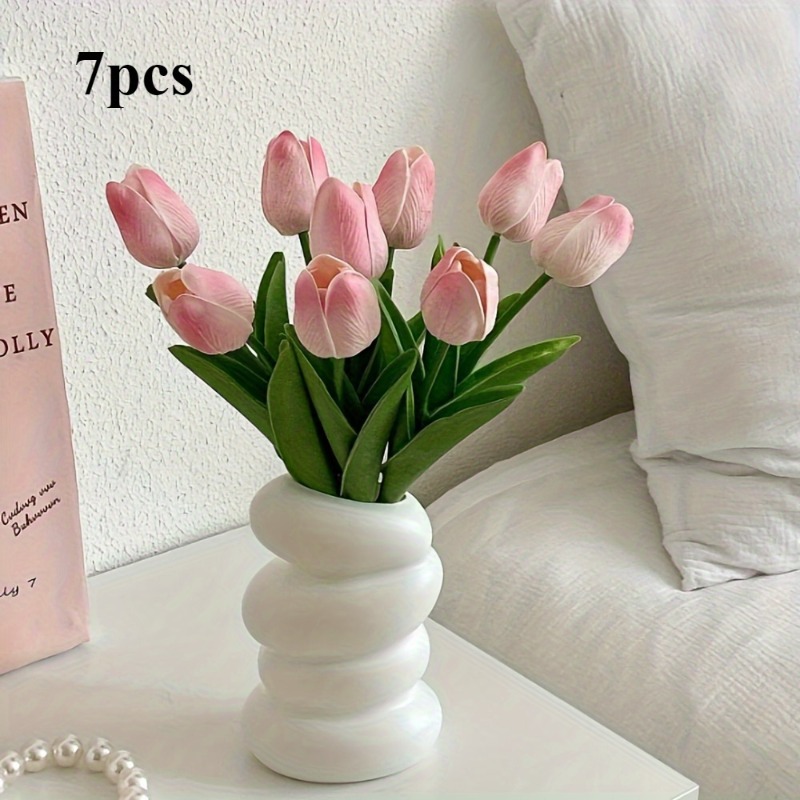 Image of 7-pack Artificial Tulips Set | Pink And White Flowers, 33.1cm Ideal For Home Decor, Anniversary, Wedding, And Valentine's Day (no Vase Included)