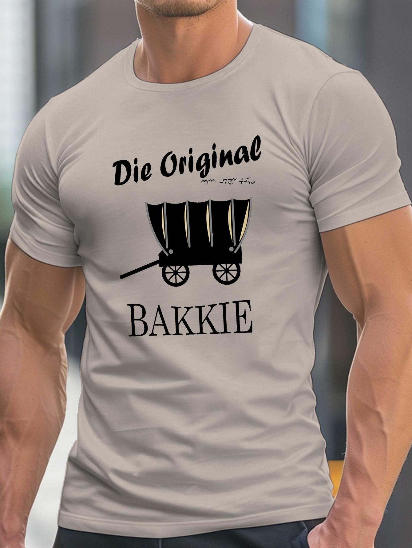 MenS Funny Afrikaans Print T-Shirt - Die Original Bakkie Humorous Design, Lightweight Summer Tee with Cartoon Car & Dog Illustration, Casual Round Neck Short Sleeve Top for Casual Attire, Comfortable Clothing | Playful Graphic Tee | Stretchable Fabr