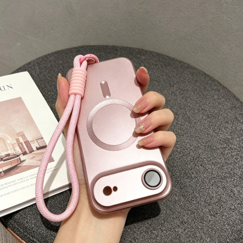 TEMU Phone Case: 2pcs Set: (1 Phone Case + 1 Lanyard) Minimalist Matte Black Magnetic Phone Case, Trendy Braided Wrist Strap Anti-slip Protective