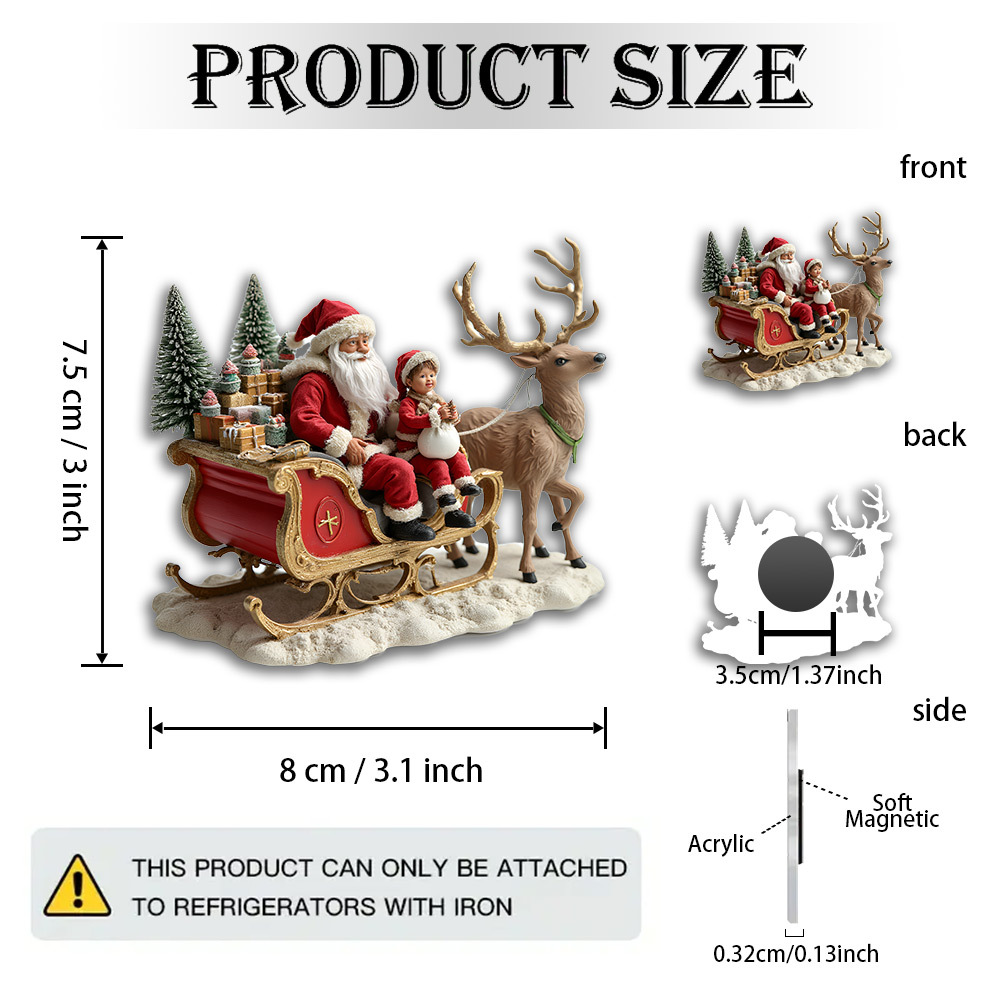 TEMU 1pc Christmas Ornament - Santa Claus And Reindeer Sleigh With Gifts And Tree, Acrylic Fridge Magnet, Suitable For Door Or Holiday Party Decor -