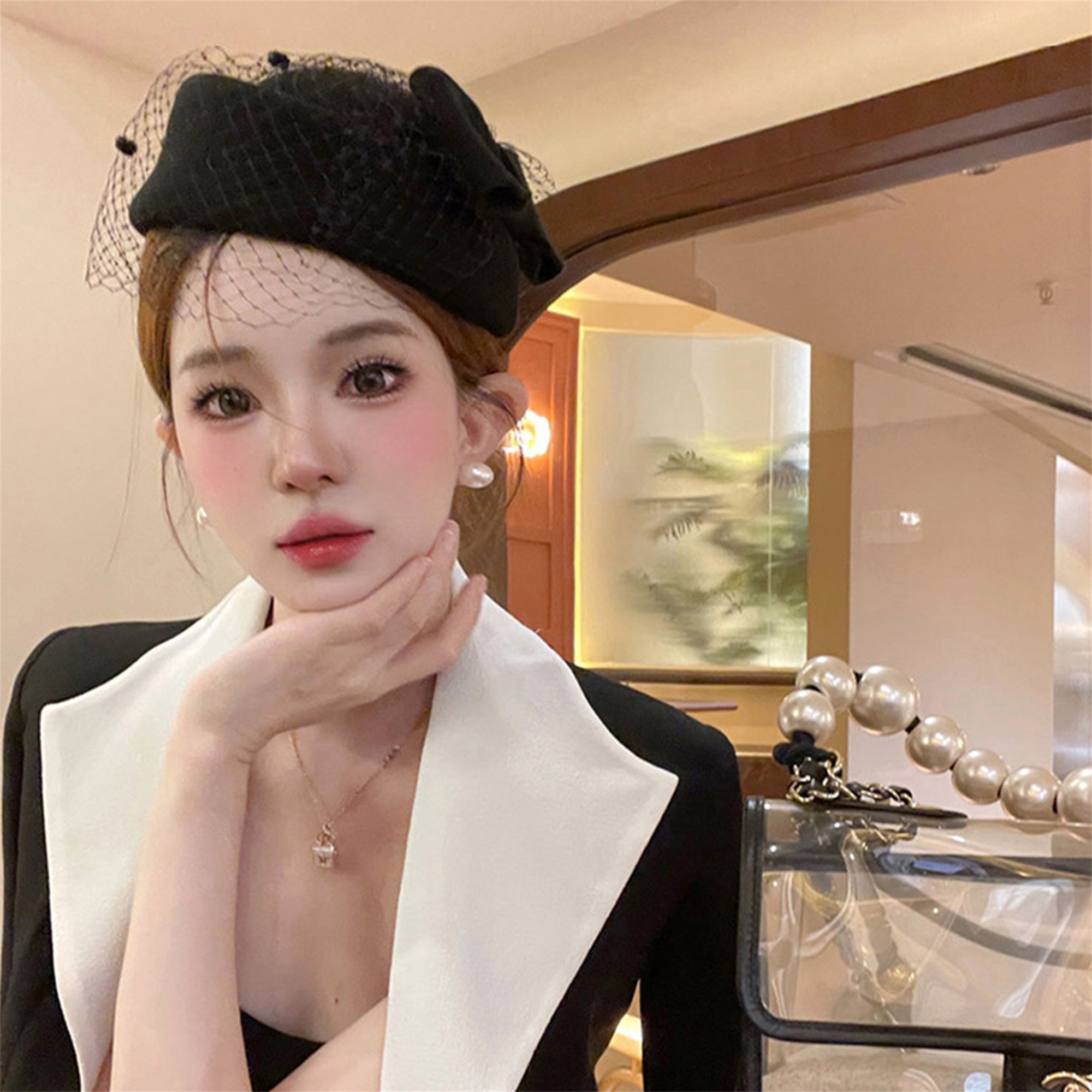 elegant womens beret hat veil pearl embellishments cream - Temu display picture 1
