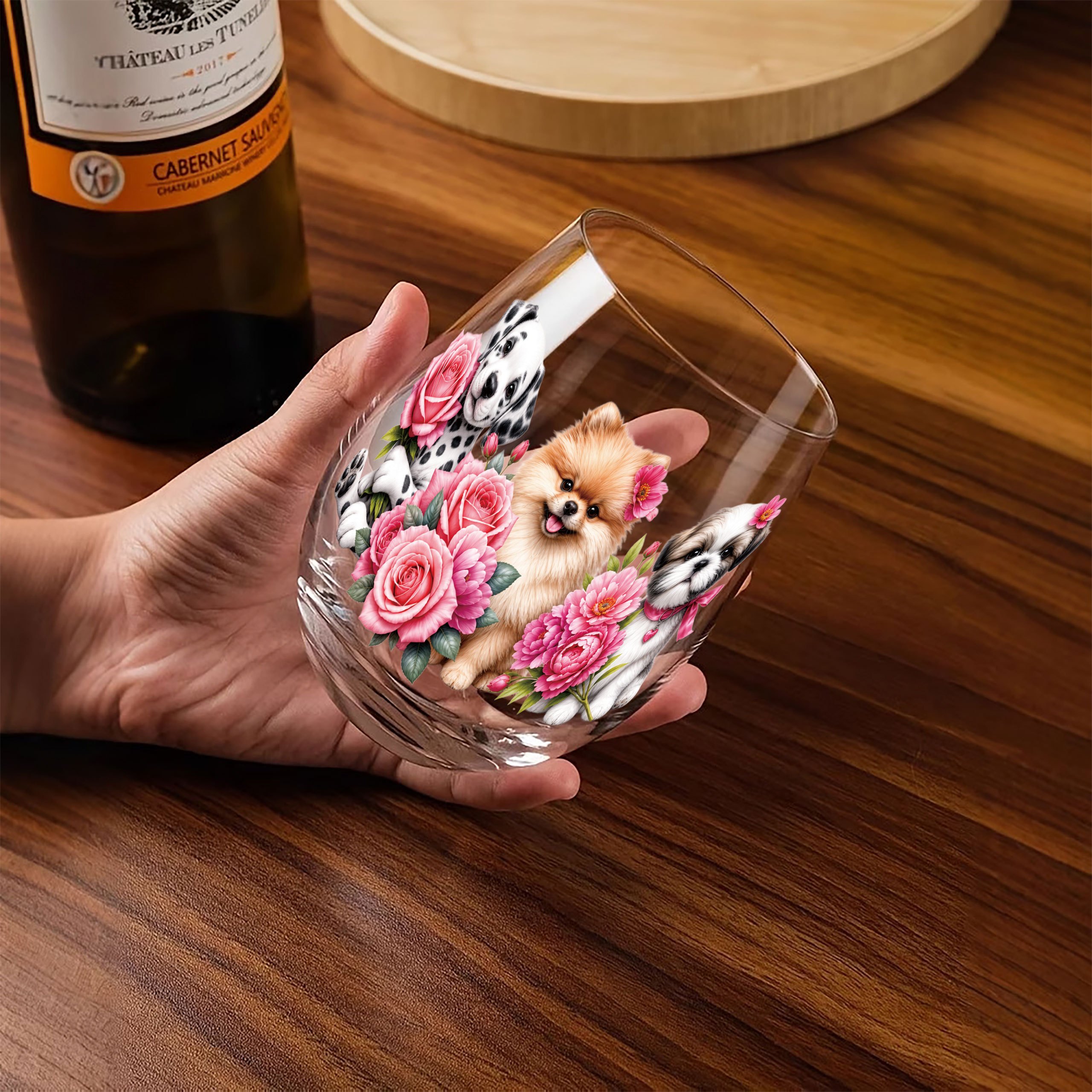 TEMU 1pc Dog And Rose Print 350ml Egg-shaped Glass, Drinking Cup, Stemless Wine Glass, Champagne And Whiskey Glass, Scratch-resistant, Reusable And