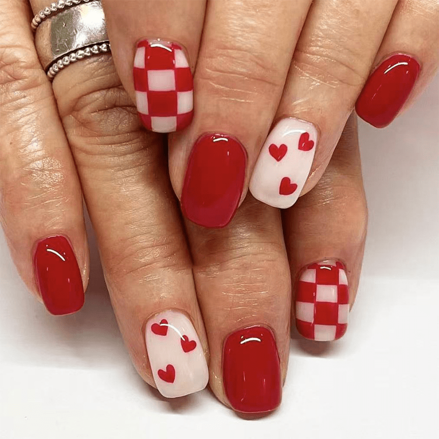 

24pcs Valentine's Day Nail Wraps, Red Square Medium Length Nails With Heart And Patterns, Pre- Adhesive Nail Stickers For Easy Application