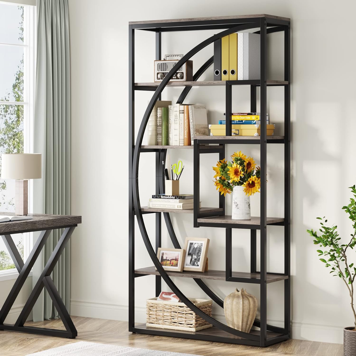 Image of Industrial 5-tier Etagere Bookcase, Standing Inches Tall, Featuring 8 Open Storage Shelves, Perfect For Displaying Books And Decor In Your For Home Office Or Living Room, Finished In A