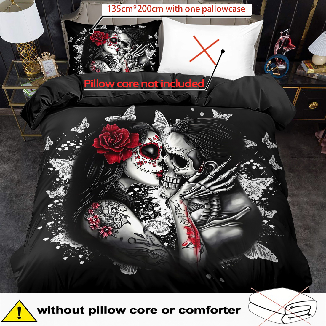 E-shop 2/3-teiliges Bettbezug-Set, Gothic-Print-Bettbezug-Set zum Valentinstag, Bettwäsche im King-Queen-Stil, maschinenwaschbares Polyester,