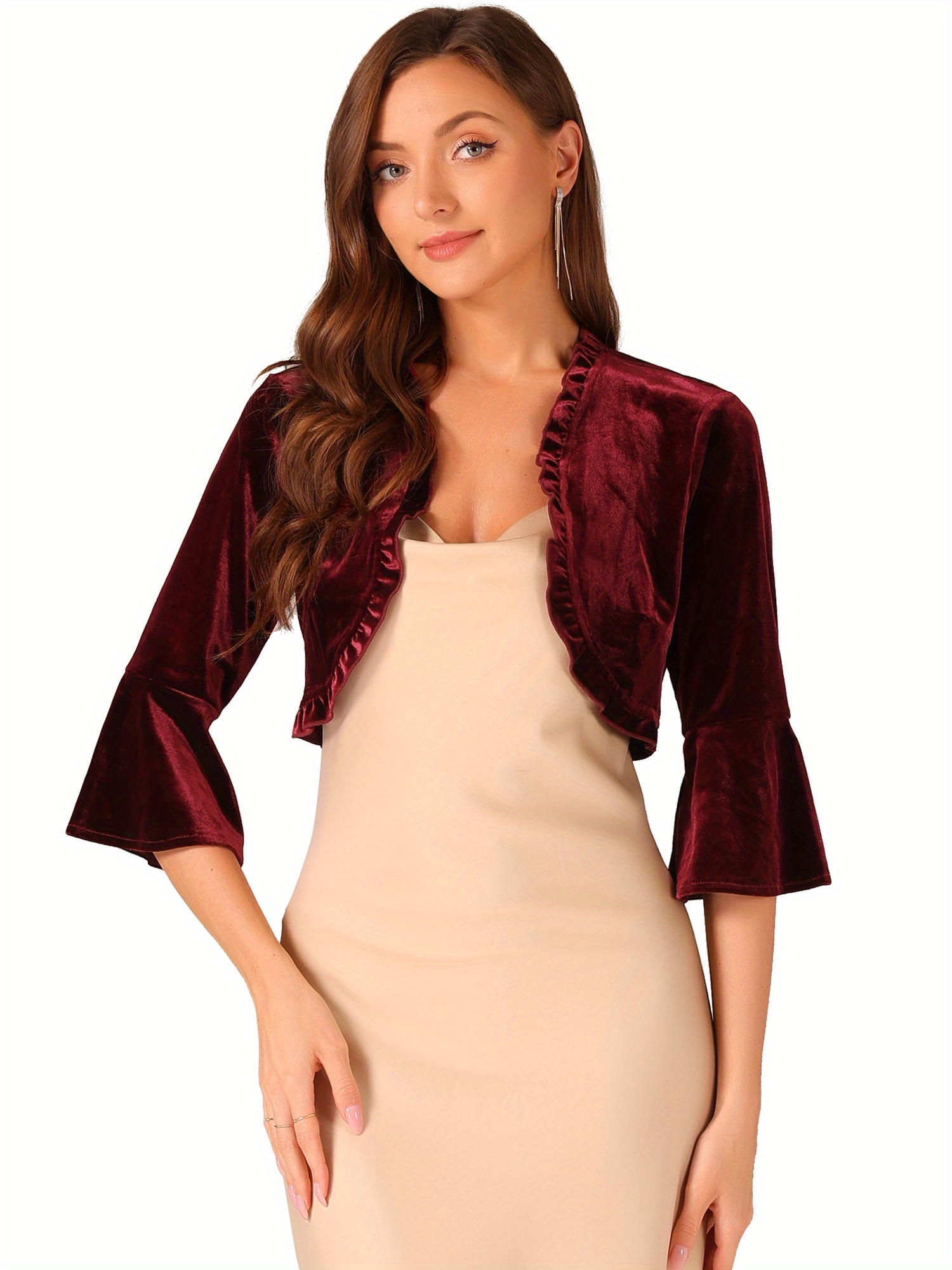 Elegant Women's Velvet Shrug Top 3/4 Sleeve, Open Front with Hem, Rich  Burgundy Color Evening Wear, Parties, and Casual Outfits - Main Image