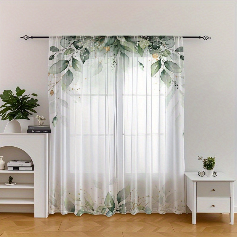 TEMU 2pcs/ Leaf Forest Print Window Screens, White Curtains And Green Leaves Interweaving, A Quiet , Translucent Curtains, Bedroom, , Kitchen, Living