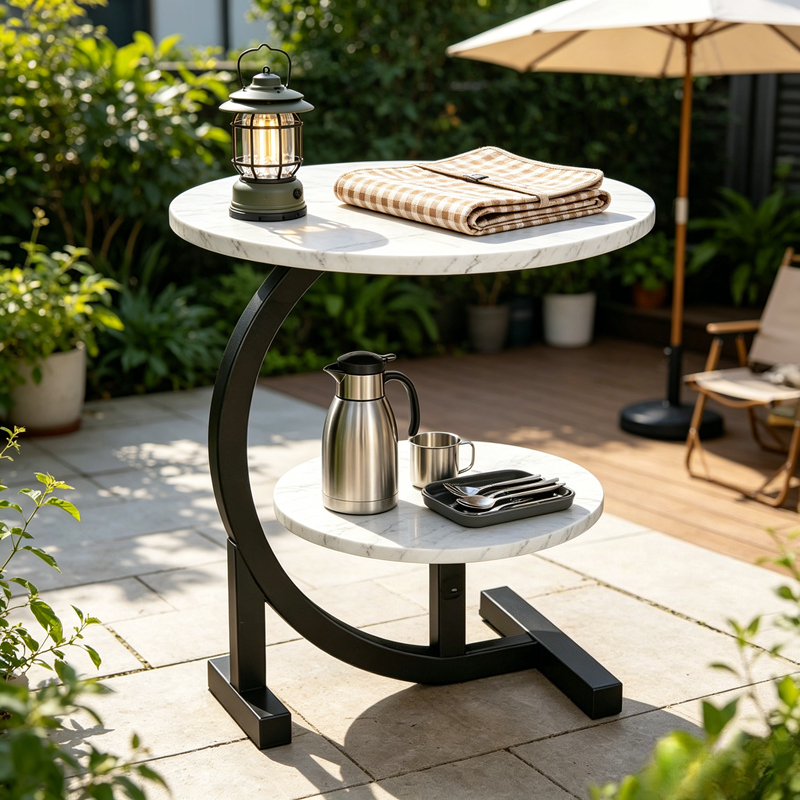 [Outdoor Patio Table] 2-Tier Outdoor Patio Side Table, C-Shaped Weather Resistant Faux Marble End Table with Sturdy Metal Frame, Perfect for Garden, Backyard, Balcony, Poolside, Small Spaces, Indoor & Outdoor Use