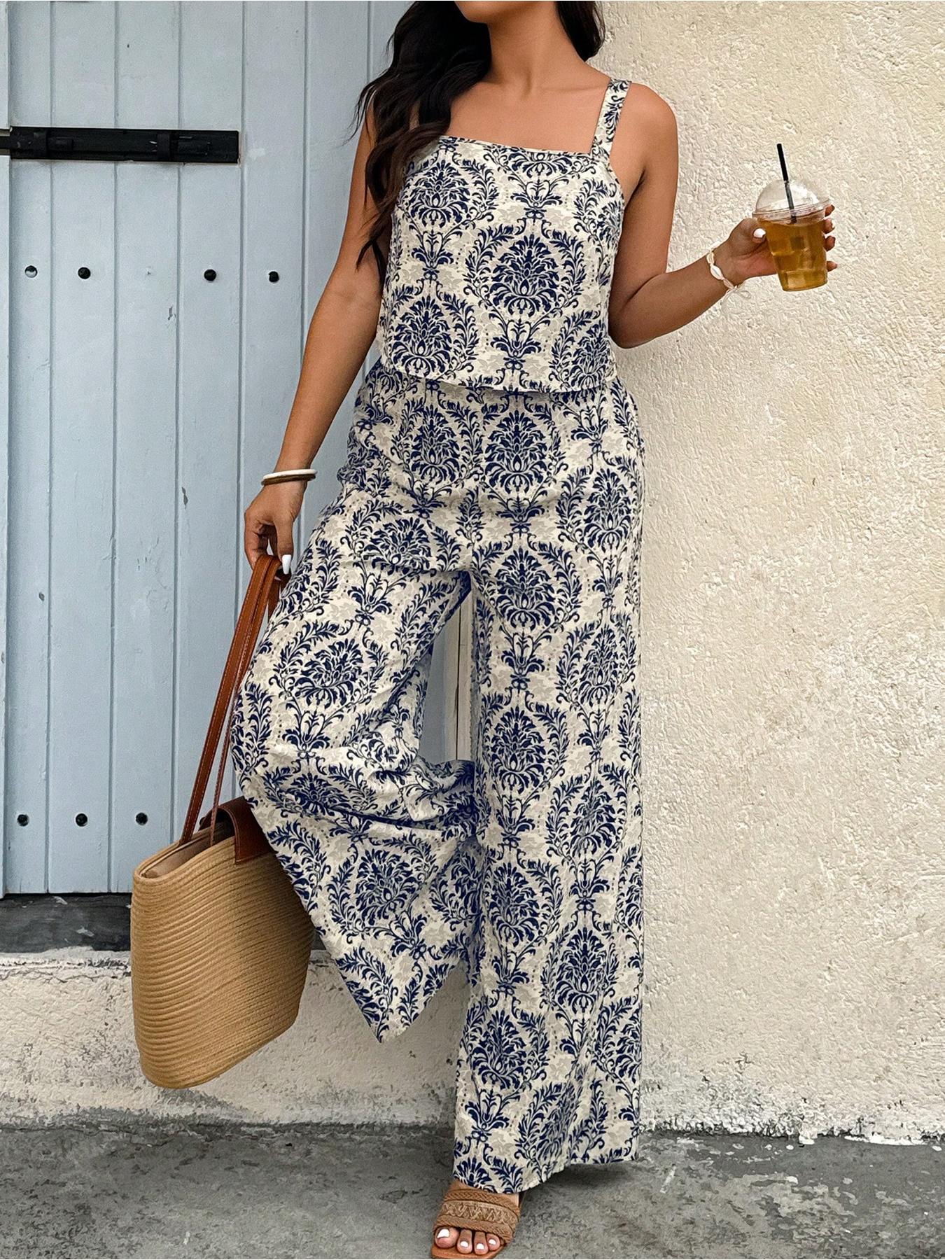 2pcs Suit, Printed Wide Shoulder Strap Casual Top and Trousers