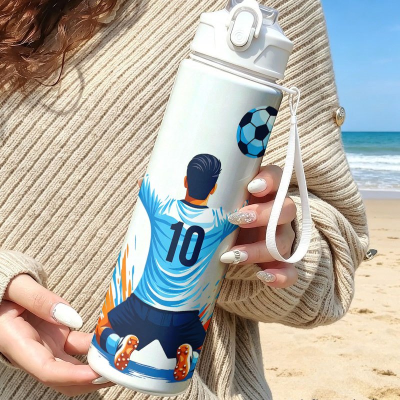 TEMU 25oz 750ml 2d Printed Water Bottle, Pop Top Straw Lid, Portable Carry Lanyard Reusable Travel Drinking Cup A Soccer Player In Light Blue Jersey