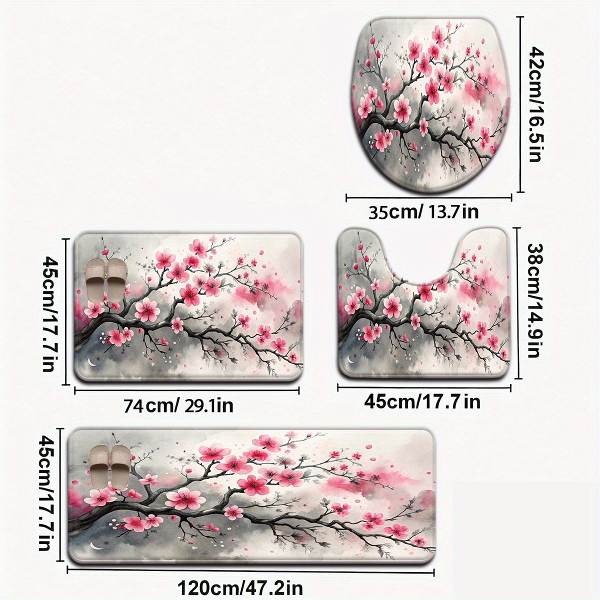 [open ] 3pcs/4pcs Plum Pattern Bathroom Mat Set Toilet Lid Seat Ring U-shaped Foot Pad