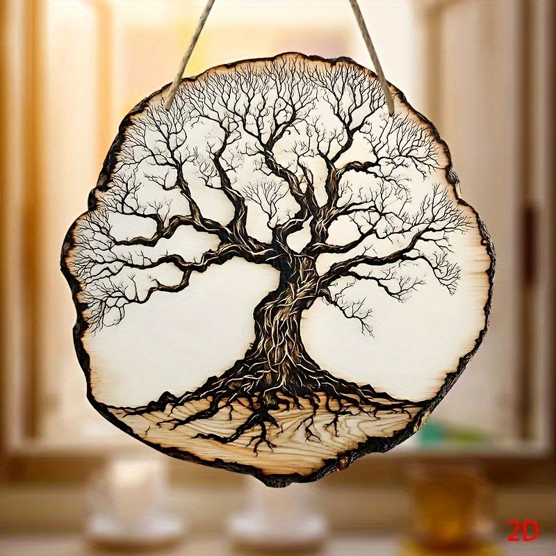 TEMU 2d Flat - 2d Plane 1 Bohemian Style Round Wooden Sign, 7.87x7.87 Inches, Tree Of Life, Hand- Wall Hanging, Made Of Manufactured Wood, Fantasy
