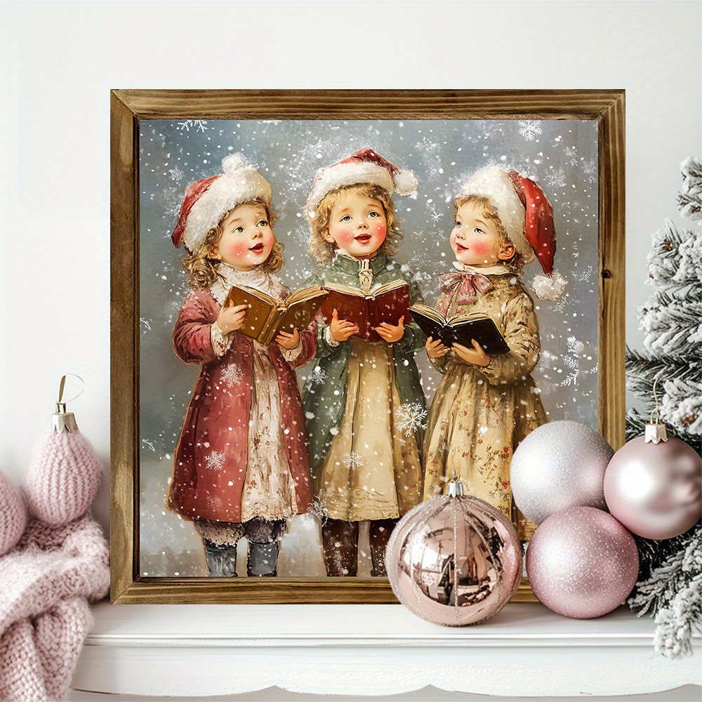 TEMU 8x8 Inch Rustic Wood Frame Vintage Christmas Singing Picture Frame - Farmhouse Wall Art With Smiling In Red & Green, Lightweight Polished