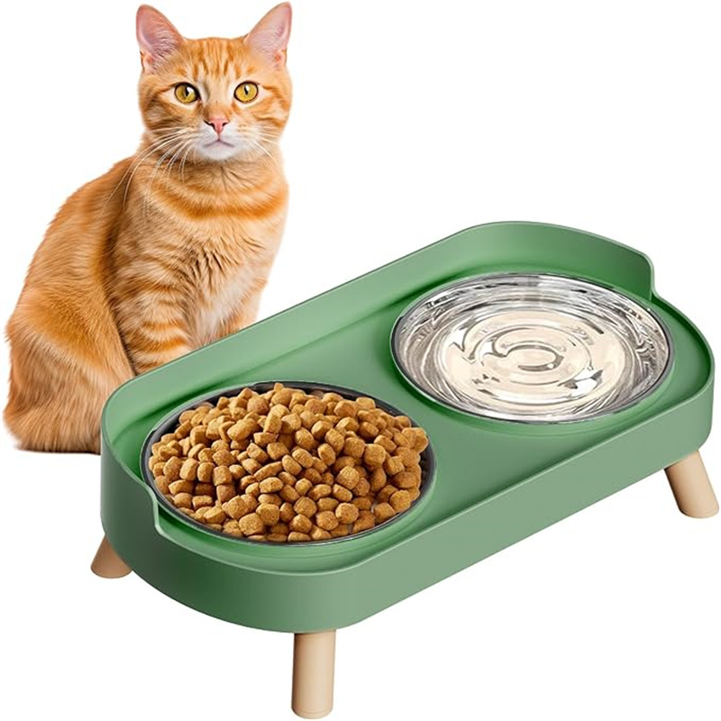 [Elevated Pet Bowls] 1Set Elevated Pet Bowls Green/ White, Plastic/ Stainless Steel Dishes, Prevents Whisker , Ideal for Dogs Indoor Cats Food & Water Feeding