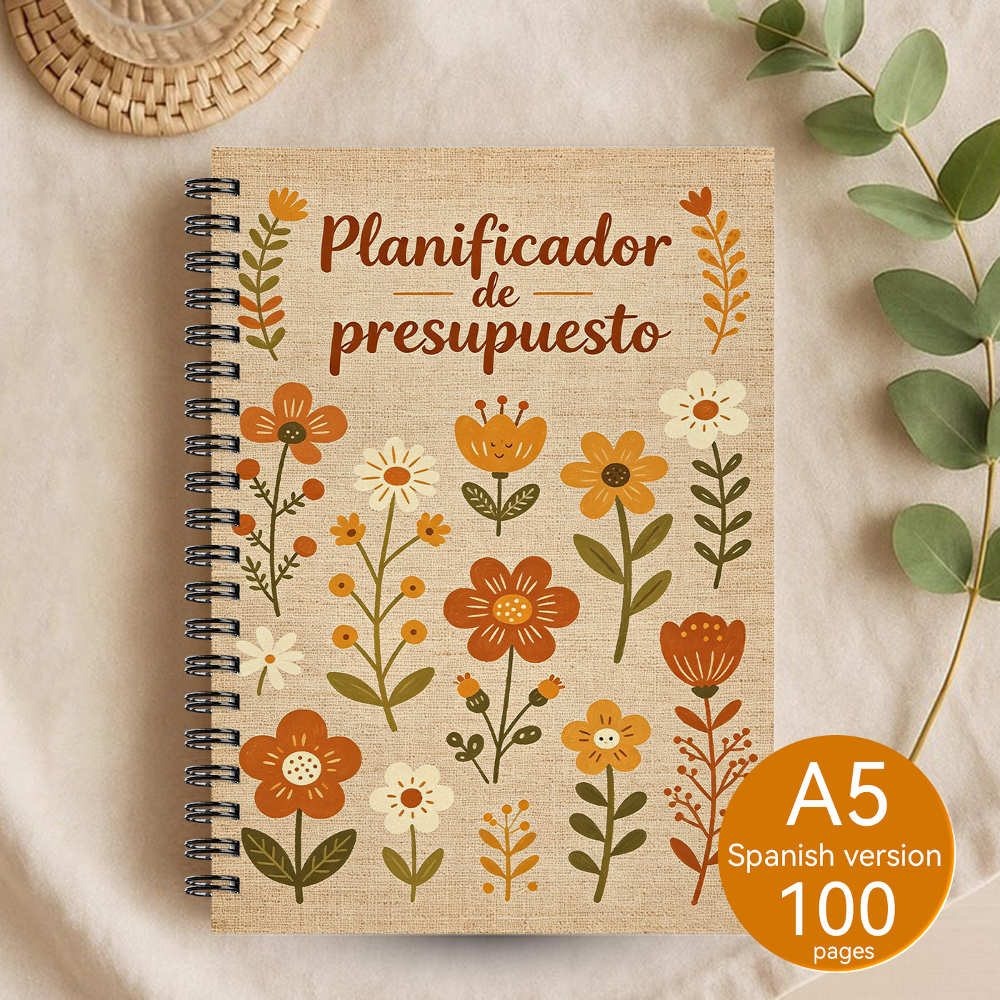 TEMU 1 Planificador de presupuesto A5 en español - 100 páginas, cubierta de lino floral y bolígrafos, cinta washi y pegatinas | Cuaderno de para