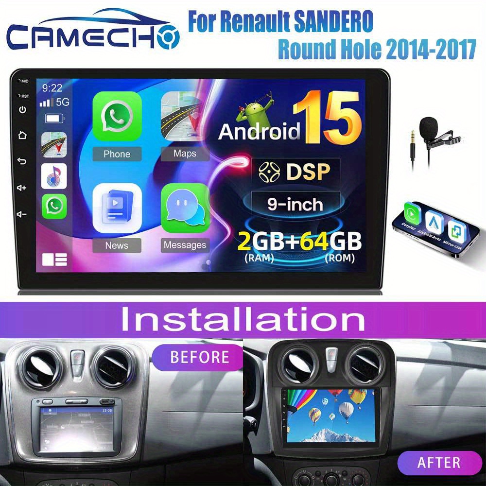 Camecho 15.0 Dsp Car Stereo Radio For Renault Round Hole 2014-2017 With Auto , [2g+64g] 9 Inch Hd Ips Touch Screen Build-in Gps B/ T Car Radio Wifi Ahd Backup Camera Mic