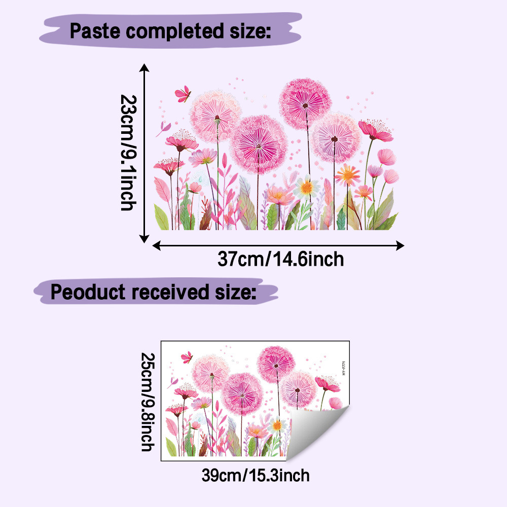 Beautiful Flower Wall Sticker, Pink Dandelion Flower Pattern Wall Sticker, Home Decoration Family Wall Decoration Sticker, Suitable For Living Room Bedroom Dining Room Study Entrance