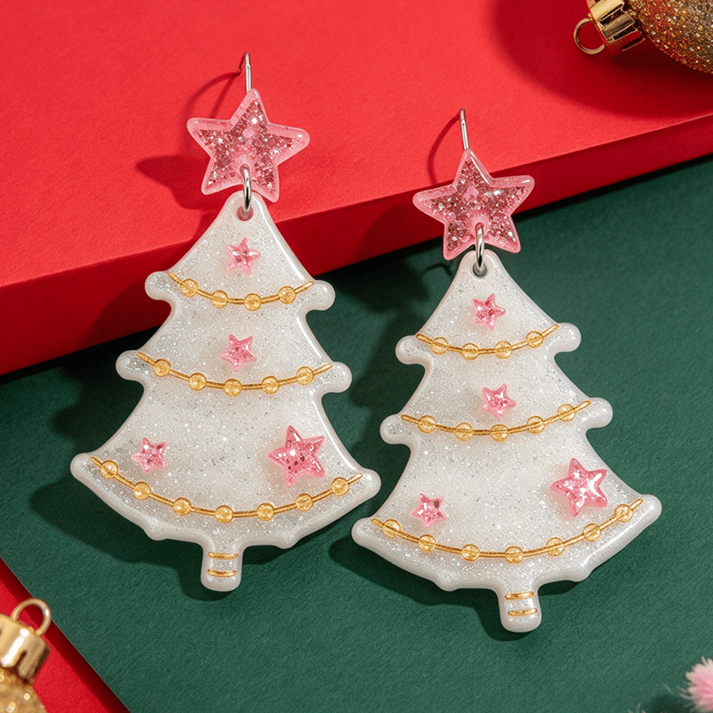 Christmas Pink Star Tree Earrings, Festive Dangle Gift
