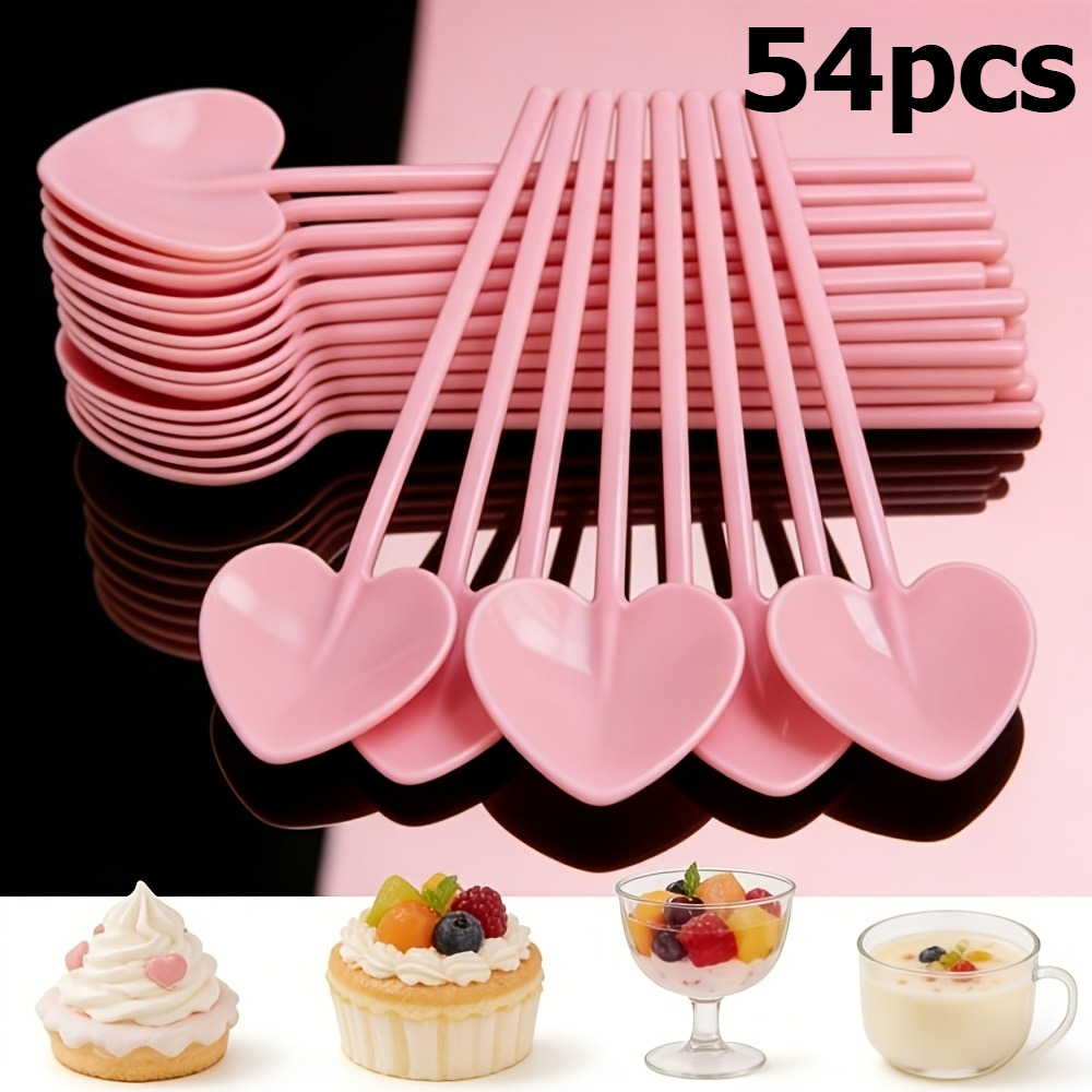 Image of 54pcs Pink Heart-shaped Scoops For Cake And Ice Cream, Romantic Sweet Ambiance Suitable For Weddings, Carnival Easter Birthday Family Gatherings