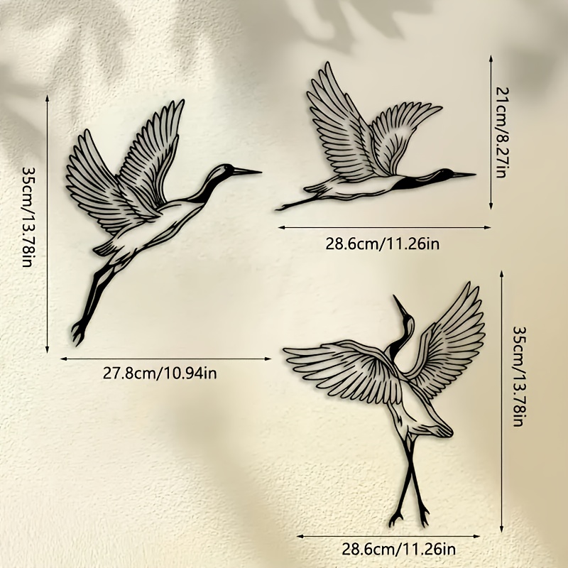 E-shop 3-teilige Kranich-Wandskulptur in Metalloptik – Leichte Fliegende Vögel Wanddekoration für modernes Schlafzimmer oder bohemian-Stil Wohnzimmer