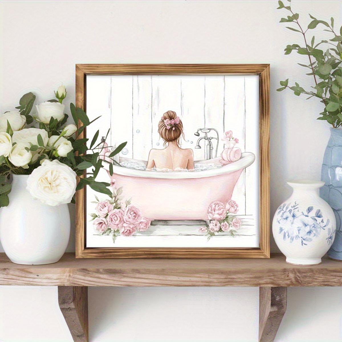 TEMU Vintage Wooden Wall Art - A Girl In A Bathtub, Framed With Pink Roses, Measuring 20.32x20.32 Cm, Ideal For Rustic Home Decor, Suitable For