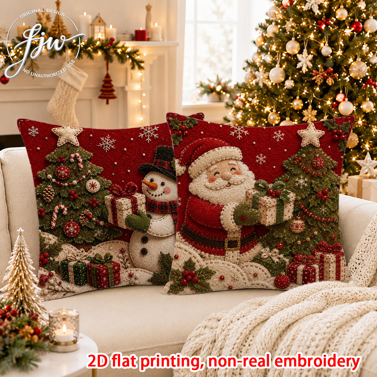 TEMU 2pcs 2pcs Vintage Felt Christmas Throw Pillow Covers Suitable For Christmas, Winter & New Year Decor, Santa Snowman Cushion Cases With Zipper