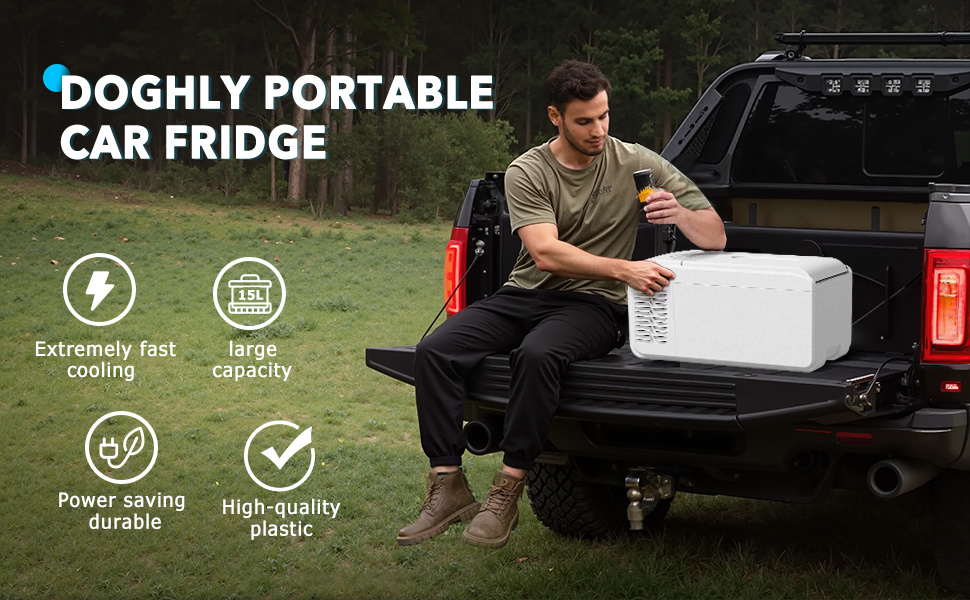Upgraded 16QT Portable Compressor Car Fridge Freezer, 15 Min Fast Cool | ECO/ MAX Dual Modes | 3 Way Charging (Solar/ AC/ DC) | 3-Level Battery Protection | LED Display & Cup Holders | Camping RV Home Use
