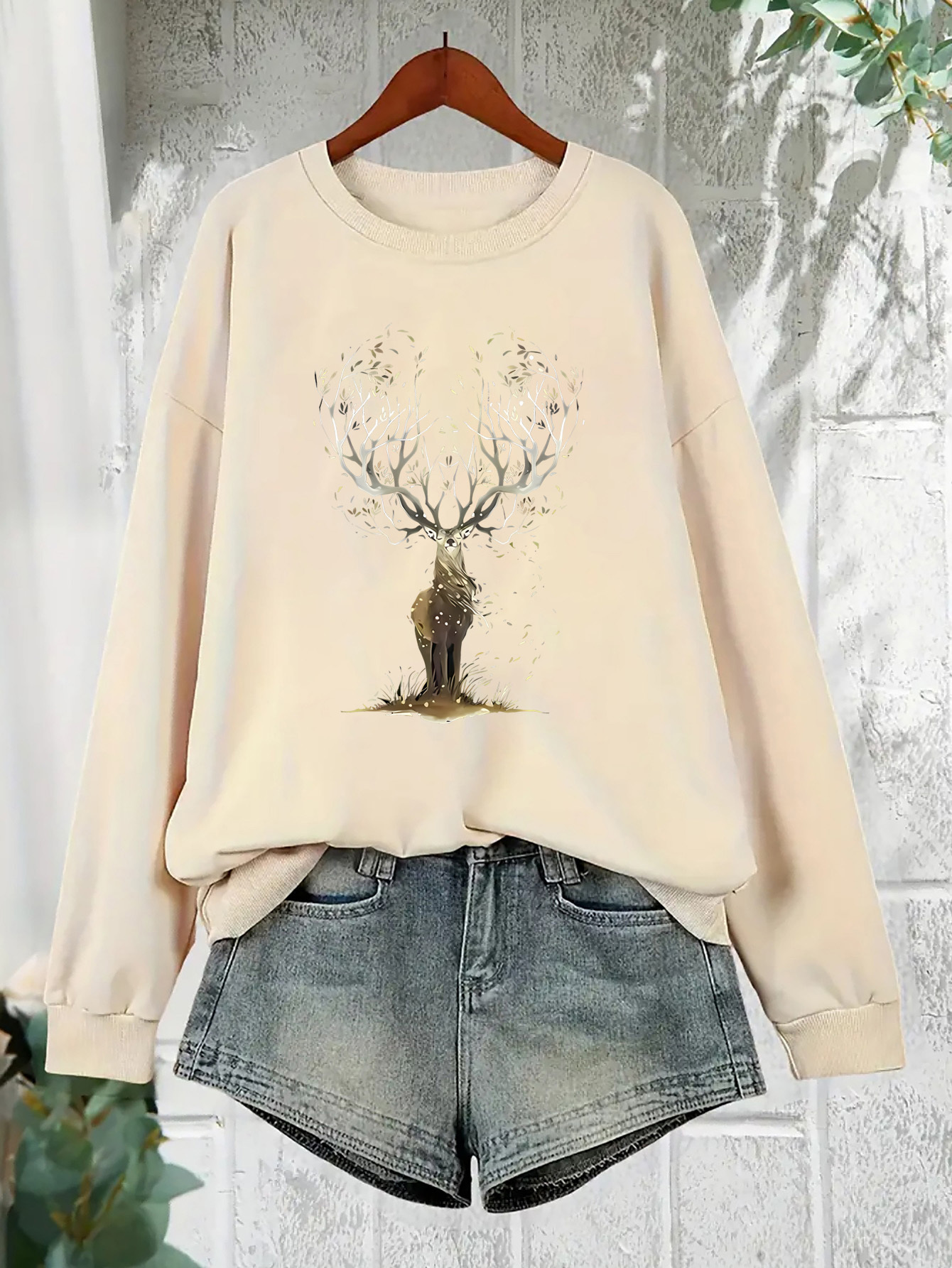 womens elegant forest stag print sweatshirt long sleeve pullover polyester round neck stretchy casual sportswear for adults deer christmas clothe