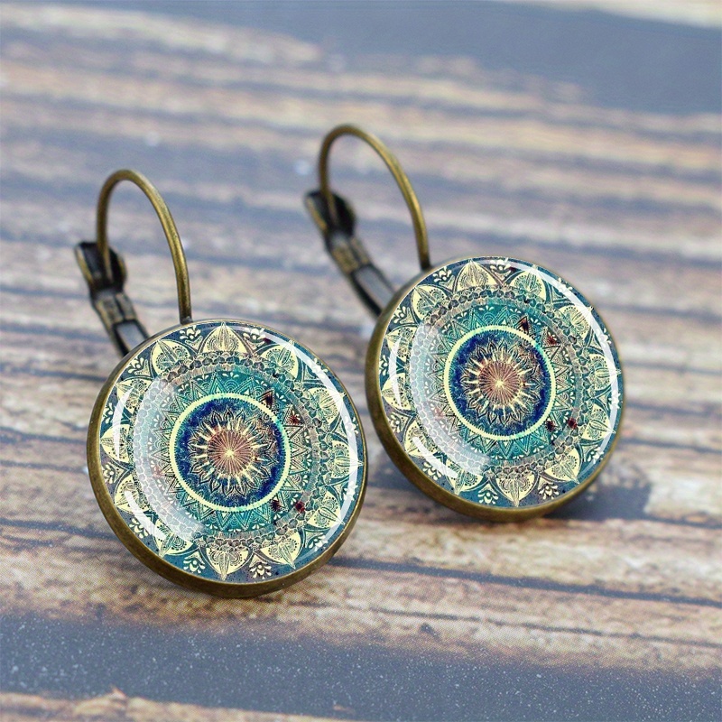 Image of Vintage Ethnic Floral Print Circular Hanging Earrings Woman Jewelry Exquisite Mother's Day Gift