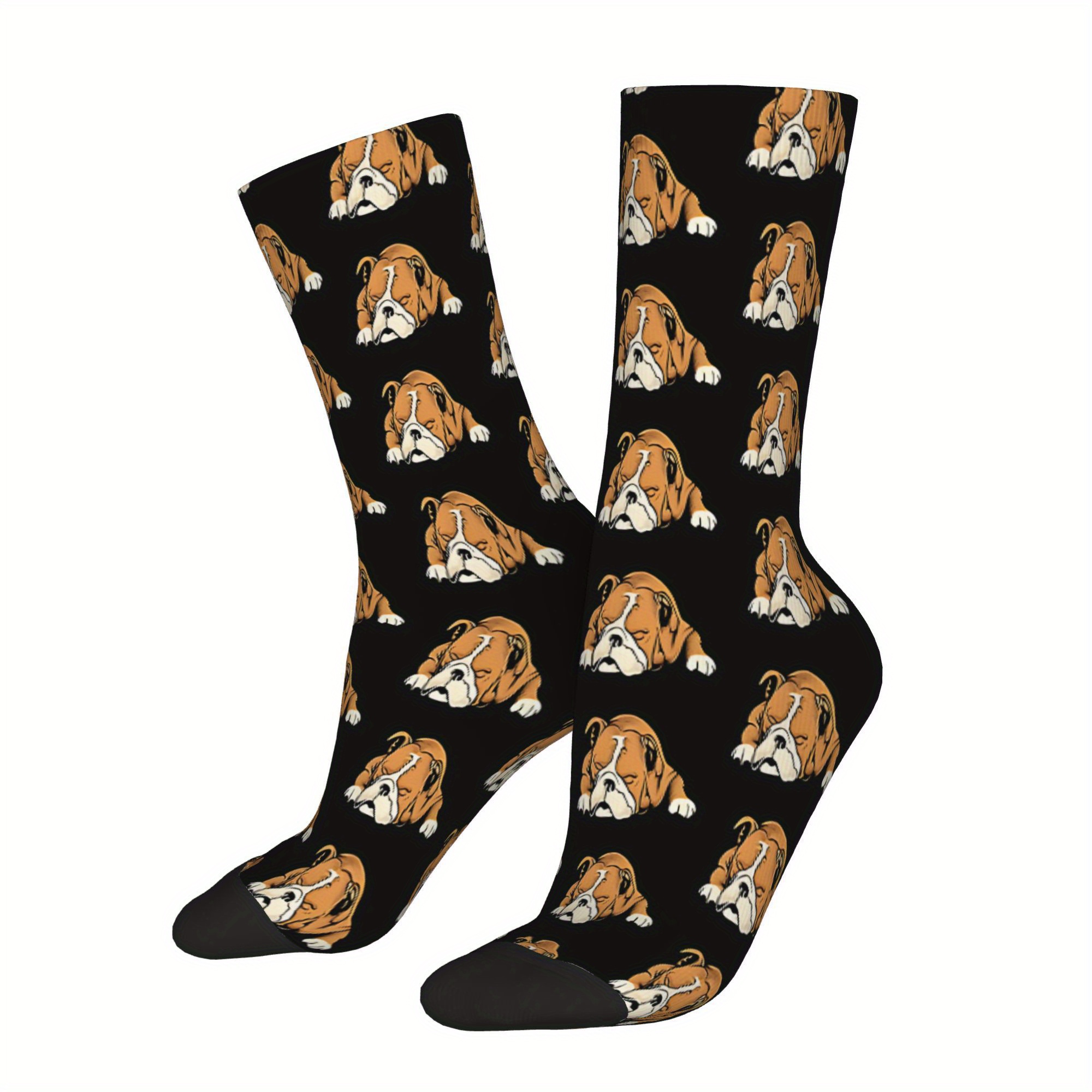 

1 Pair Men's Crew Socks, Polyester Knit Fabric With 5% Elastane, Vintage English Bulldog Print, Seamless Novelty Gift