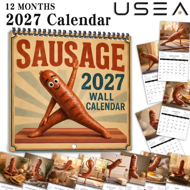 TEMU Calendrier Mural 2027, Planificateur Mensuel sur 12 Mois sur le Thème Humoristique du Yoga des Saucisses, Calendrier Carré Suspendu à Spirale
