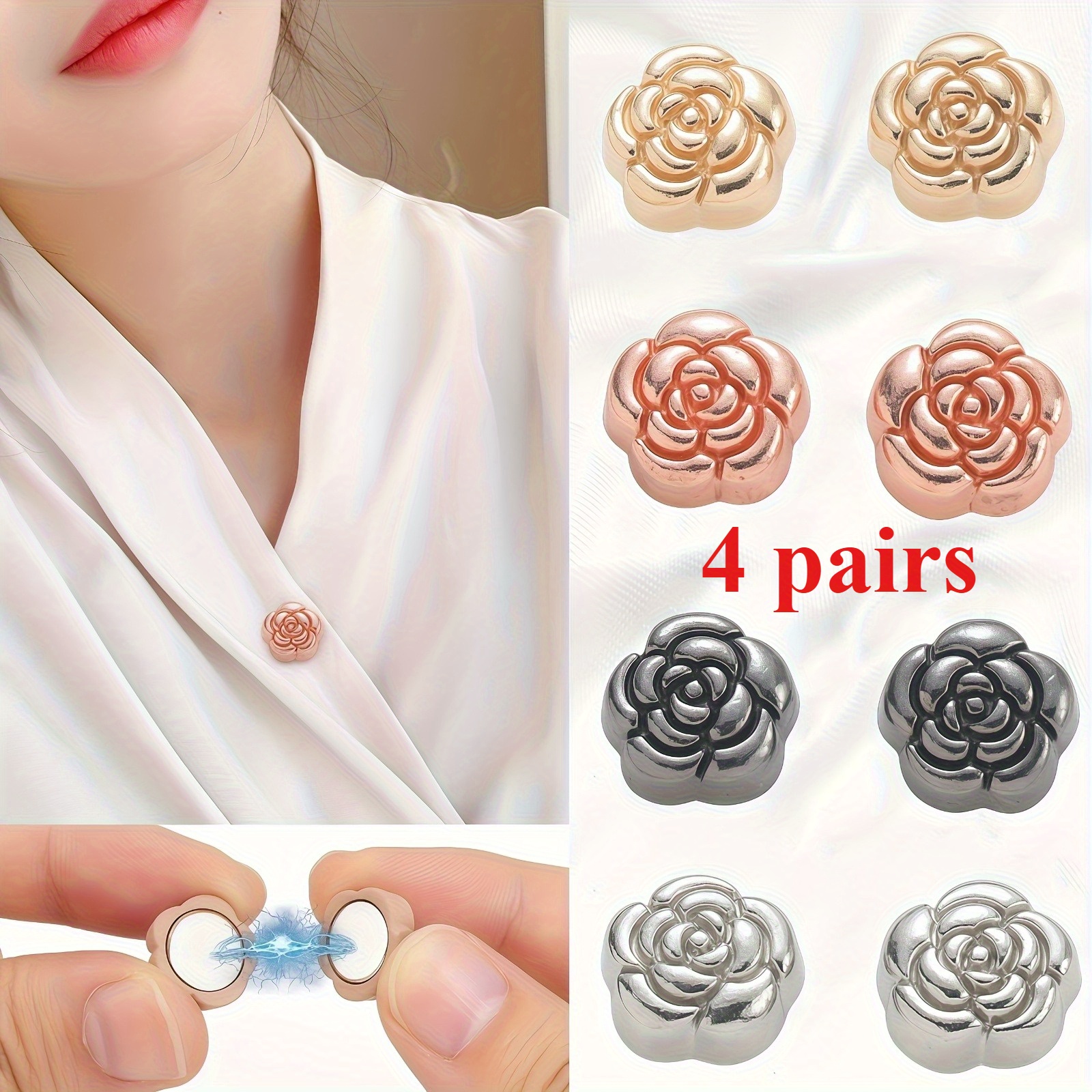 Image of 4 Pairs, Floral Pattern Magnetic Scarf Pins, No Sewing Required, Non-slip And Stain-resistant Scarf Fix Clips For Women, Perfect Gift.