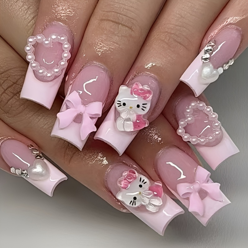 E-shop Sanrio 24-tlg. HelloKitty lange quadratische Wasserfall-Nagelspitzen – Süßes 3D HelloKitty