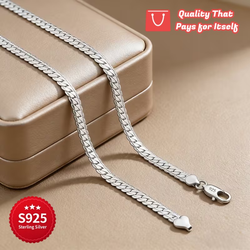 925 Silver Embossed Cuban Chain Necklace, Handmade Design