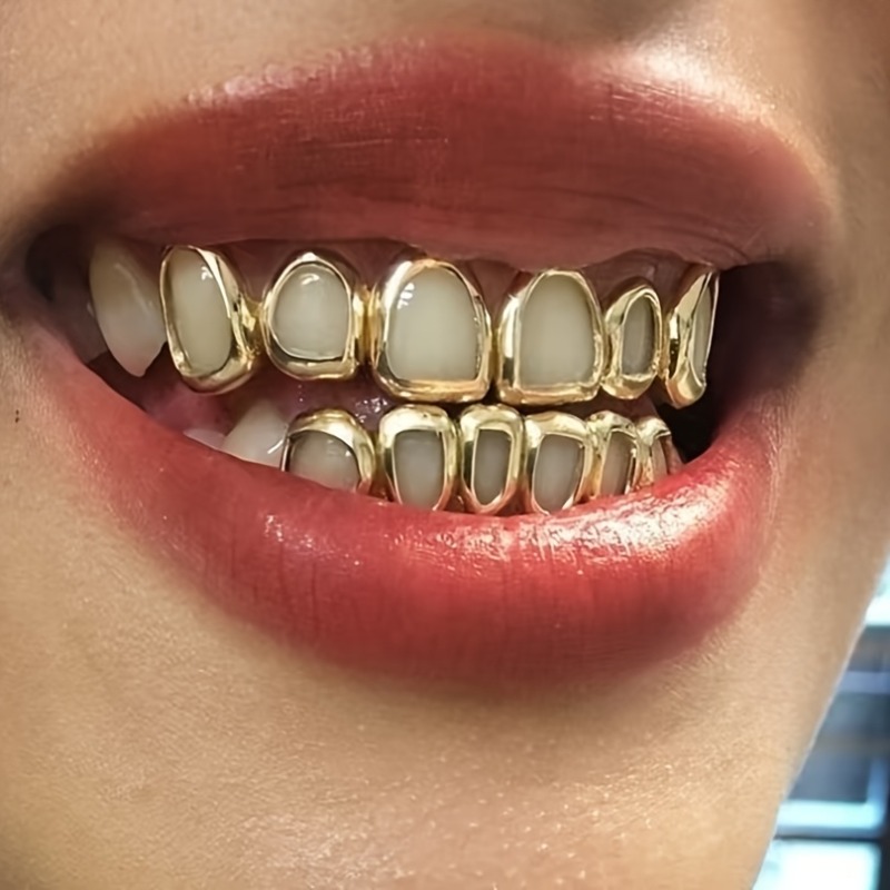 Hip Hop Hollow Teeth Grillz Set, Unisex Plated Decorative Teeth, Ideal for Parties And Festivals, Unique Gift