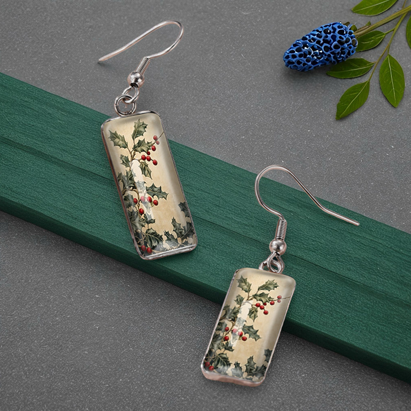 Square-Shaped Holly Leaves Handmade Glass Earrings