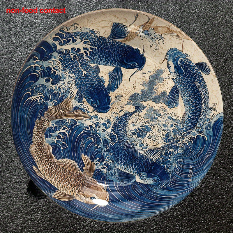 TEMU 1pc Koi Fish Wave Round Ceramic Hanging Wall Art Plate - 8" Vintage Design With Koi Swimming In Dynamic Waves, Non-food Contact, Home Decor,