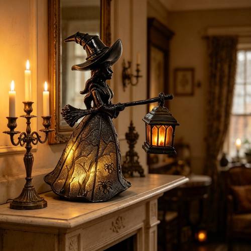 halloween led light up witch statue resin witch figurine with broom and pattern dress spooky gothic witch decor for home yard halloween party