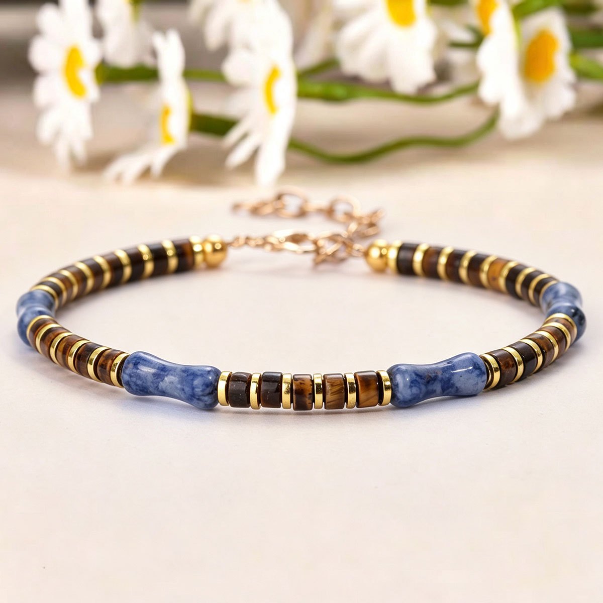 Sodalite & Tiger Eye Bone Bead Bracelet with Adjustable Golden Chain
