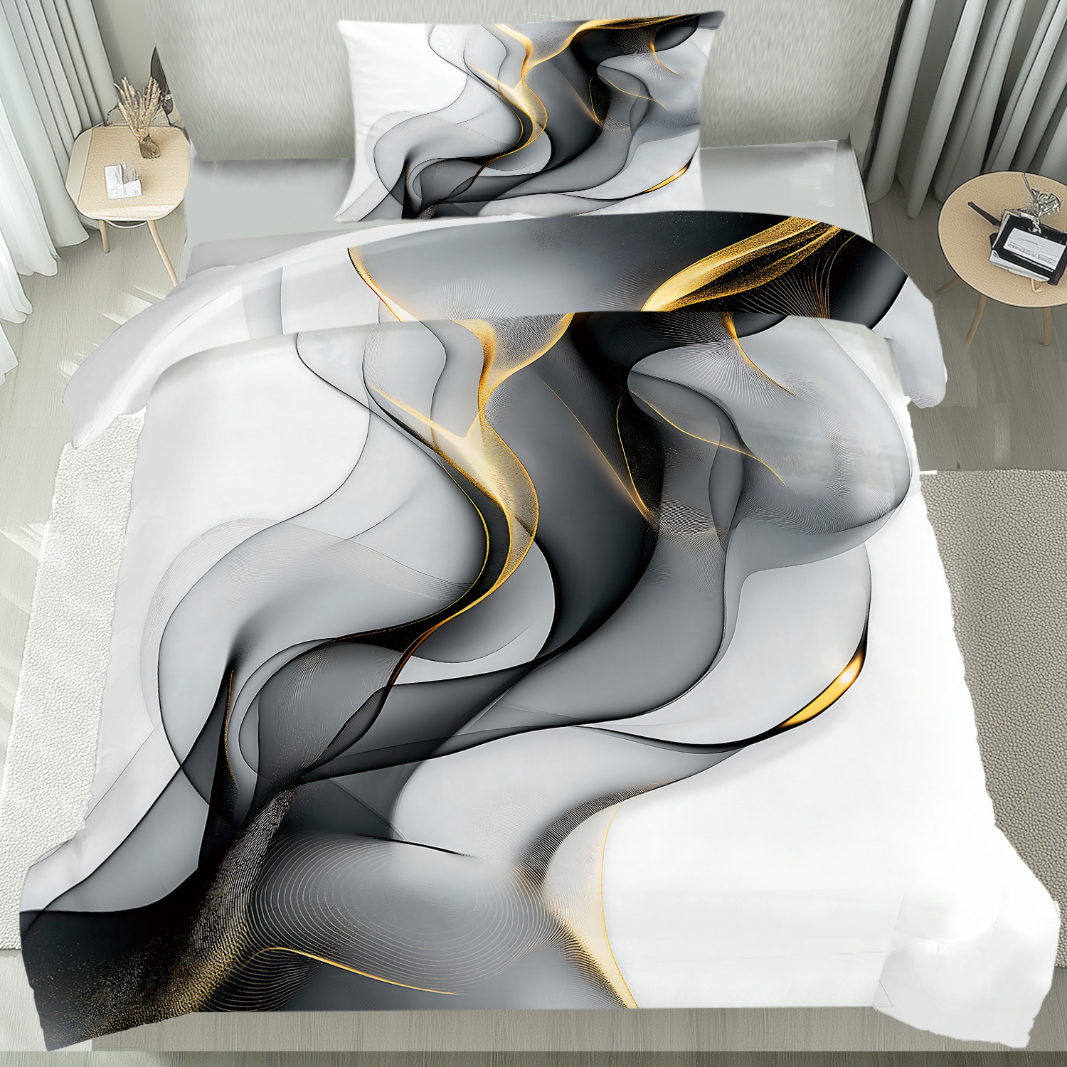 E-shop 2/3 Stück Rauchwelle, Goldene Linie Marmor Luxus Bettbezug Set (1 Bettbezug + 1/2 Kissenbezug), Marmor Bettwäsche Set, Geeignet für alle