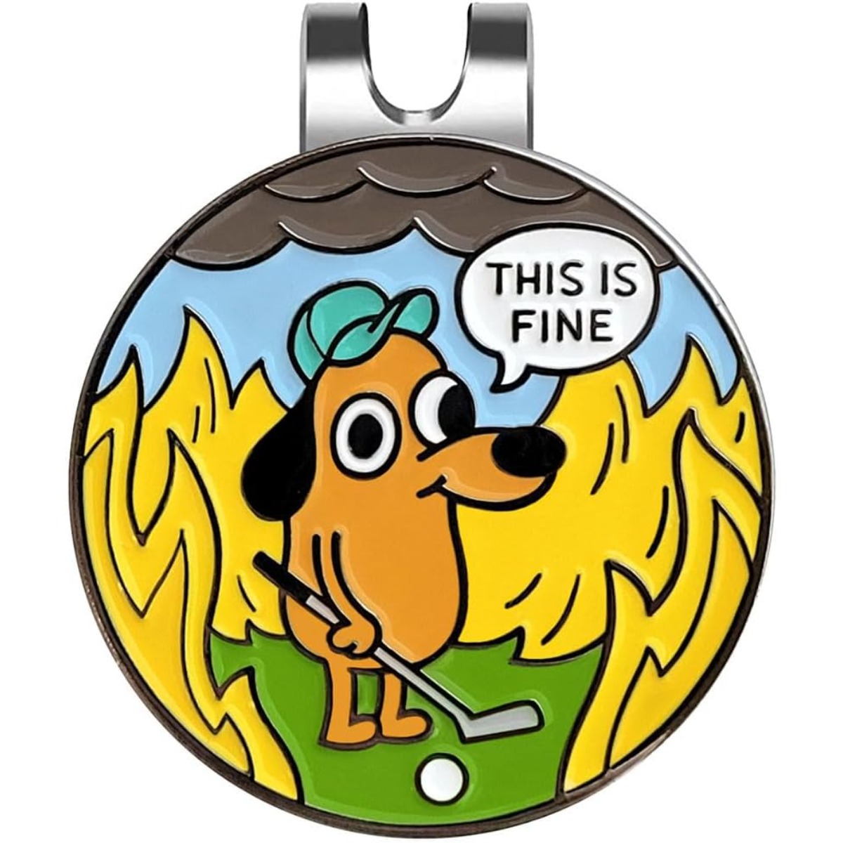 TEMU This Is Fine" Funny Golf Ball Marker With Hat Clip – Novelty Golfing Accessory & Gift For Golfers