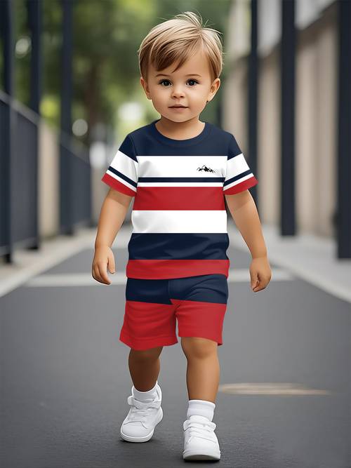 zomerse set met korte mouwen voor jongens, met trendy en modieuze rode, zwarte en witte gestreepte patroonprints, een trendy en comfortabele set met korte mouwen, perfect voor buiten
