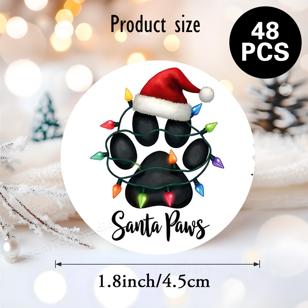 TEMU 48pcs Of "santa Paws" Stickers Featuring , Santa Hats, And Lights, Perfect For A Festive Dog-themed Holiday. Ideal For Greeting Cards And Gift