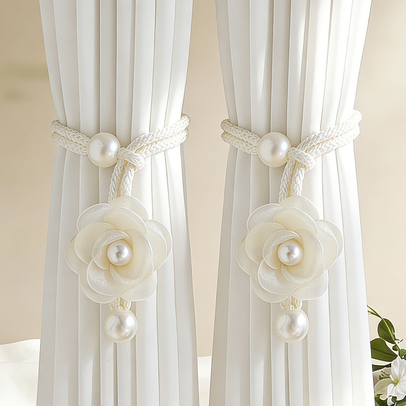 TEMU 2pcs Bohemian Style Three-dimensional Flower Curtain Tiebacks, Pearl Embellished Adjustable Curtain , Light Room Bedroom Curtain Tiebacks