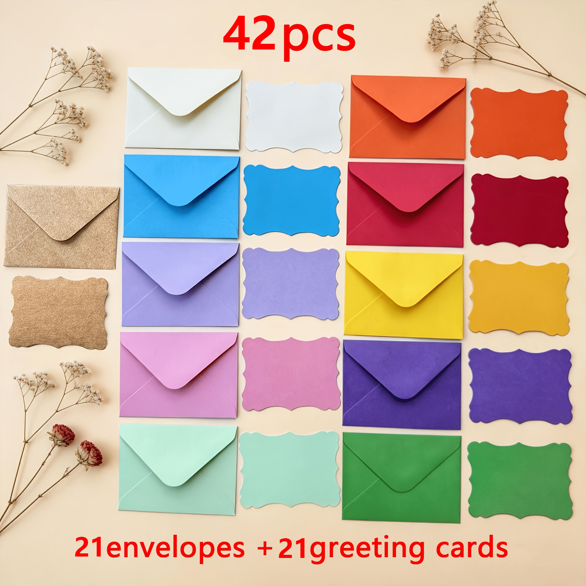 TEMU 42pcs Set - 21 Mini Colored Western-style Envelopes + 21 Scalloped Edge Greeting Cards - High-quality Self-adhesive Closure - Mixed Colors: Red,